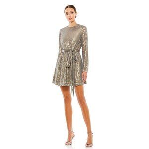 NWT Mac Duggal Sequin Embellished Long Sleeve High Neck Mini Dress Taupe 8